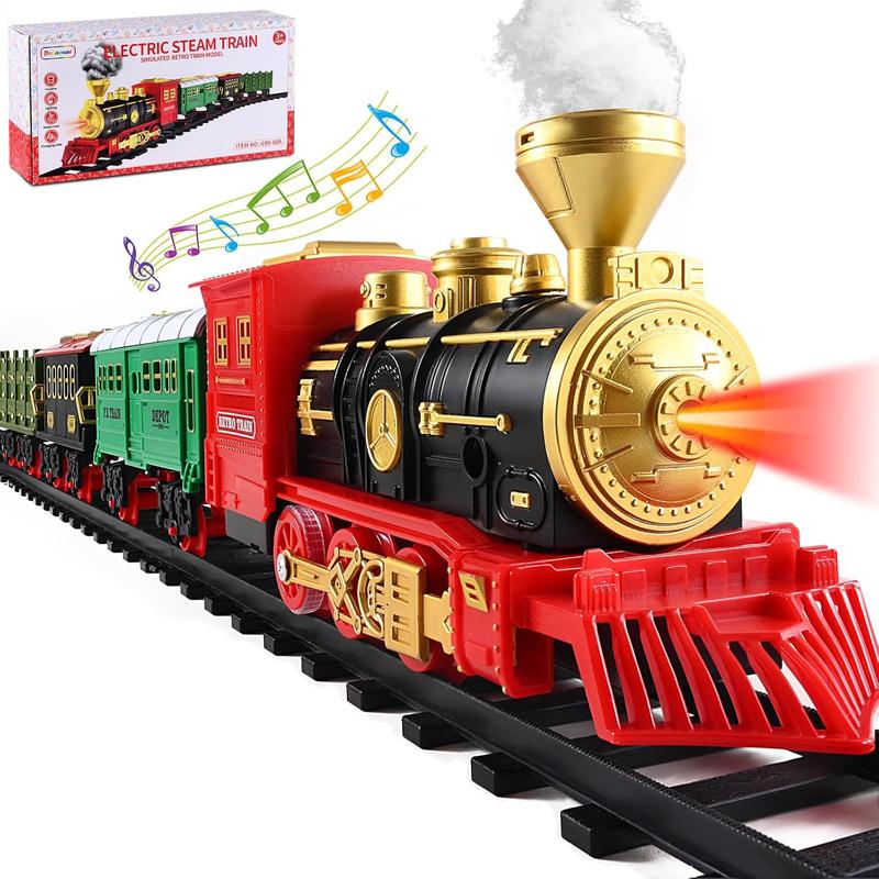 Christmas Train Electric Train Set with Retro Classic Locomotive Engine, Cargo Car and Long Track,Rechargeable Battery Operated Play Train Toys with Smoke, Light&Sounds