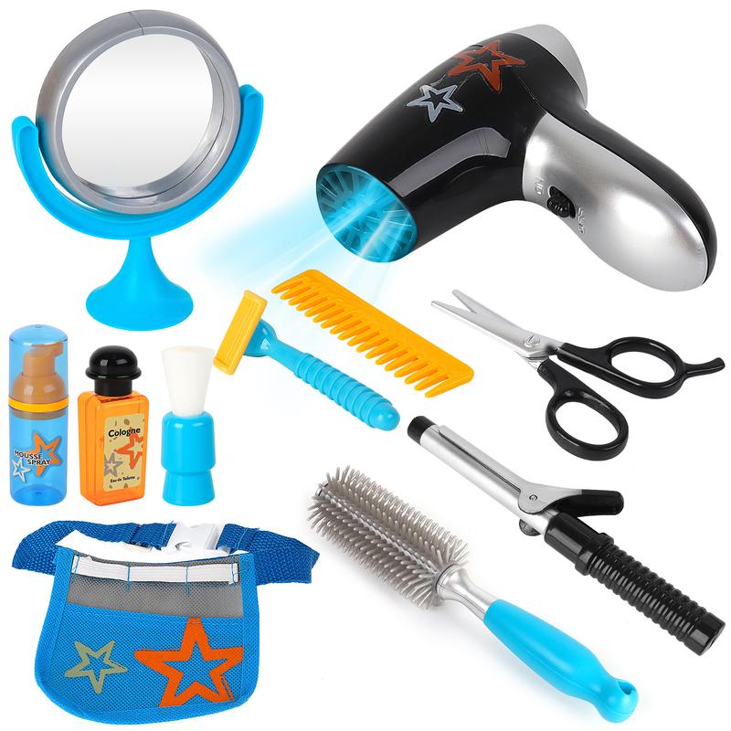 deAO Stylist Hairdresser Barber Salon Role Play Set with Hairdryer, Curling Iron, Belt and Styling Accessories Included Shaving Kit– Great Pretend Play Set Christmas Birthday Gift