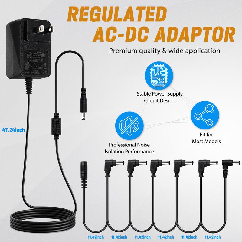 STRICH SPA-10 AC 9V Guitar Pedal Power Supply Adapter (1000mA) with 6-Way Daisy Chain Cables, Compatible with Bass Effect Pedal Boards.