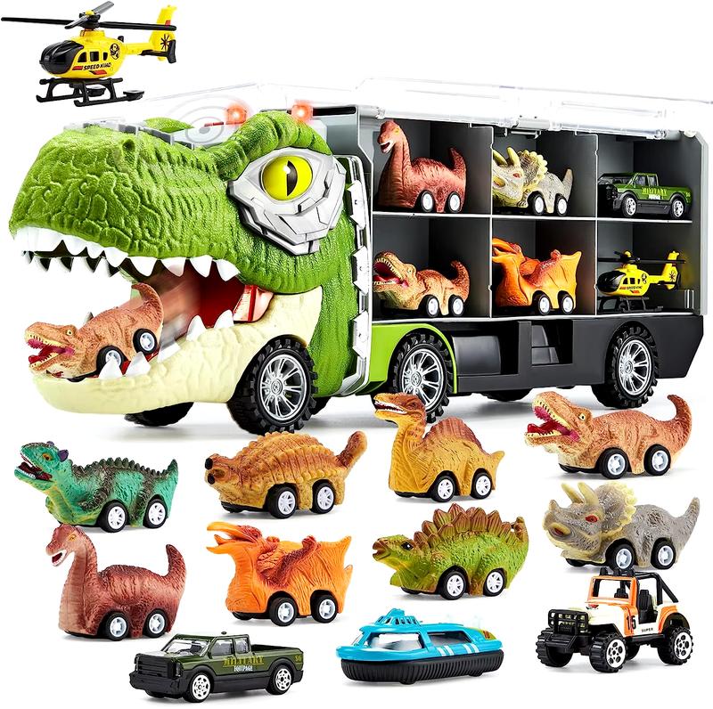 GROVIE 13 in-1 Dinosaur Truck Toys for Kids with 12 Mini Pull Cars - Dino Truck Playset for Fun and Learning Christmas Birthday Gift for 3+ Years