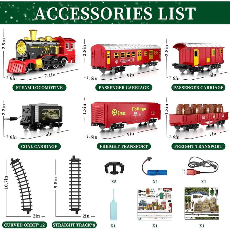 Christmas Train Electric Train Set with Retro Classic Locomotive Engine, Cargo Car and Long Track,Rechargeable Battery Operated Play Train Toys with Smoke, Light&Sounds