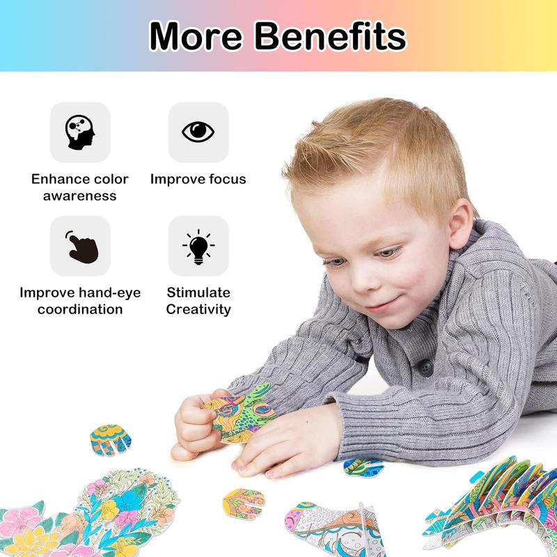 3D coloring puzzle, creative DIY painting puzzle set toy, with 10 colored pens, suitable for 3 4 5 6 7 8 9 10 11 12 year old children's fun craft gift Hornhorse