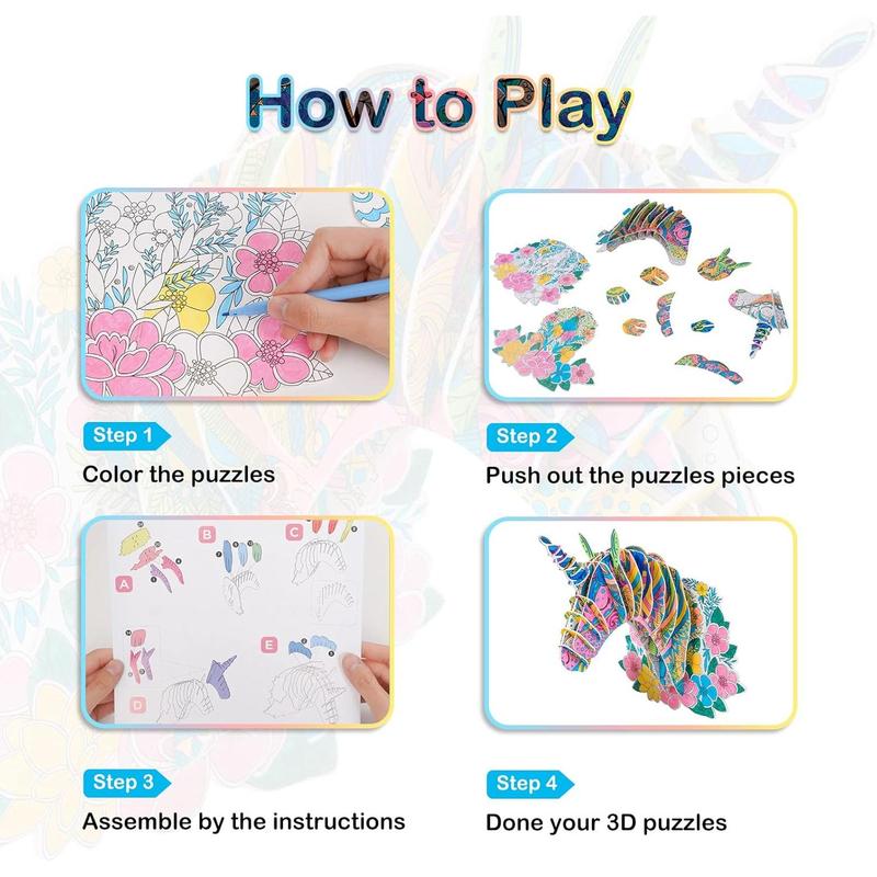 3D coloring puzzle, creative DIY painting puzzle set toy, with 10 colored pens, suitable for 3 4 5 6 7 8 9 10 11 12 year old children's fun craft gift Hornhorse