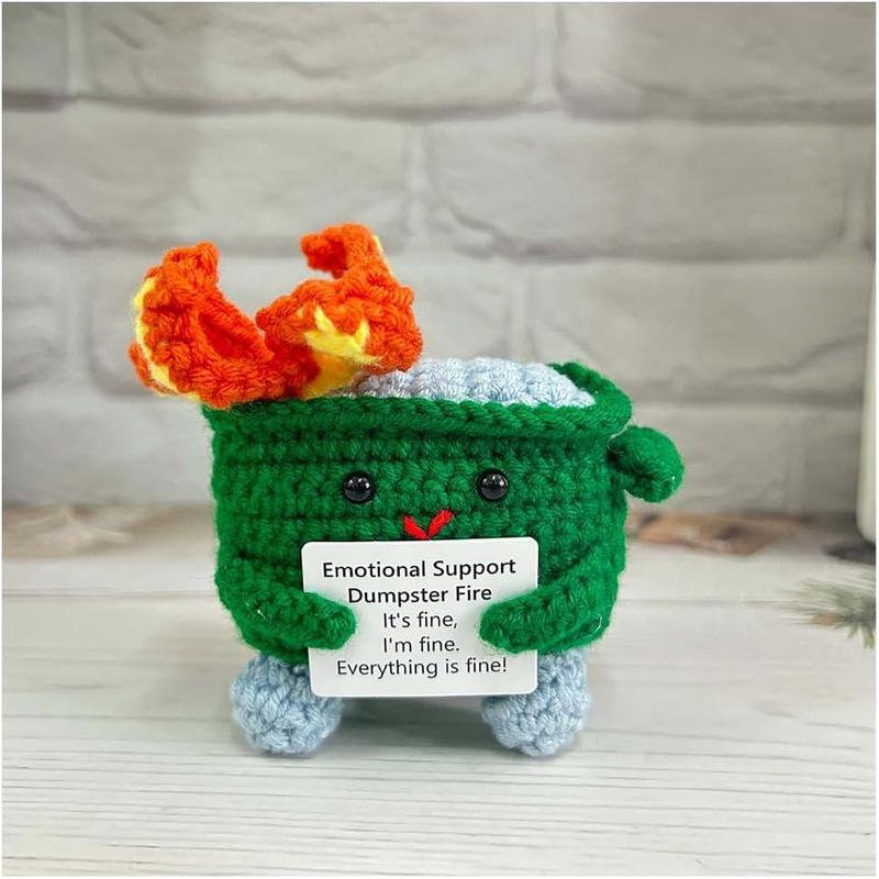 Emotional Support Crochet Dumpster Fire with Positive Card, Cute Room Decor Knitted Toys Funny Crochet Support Buddies Gifts for Friends(Green)