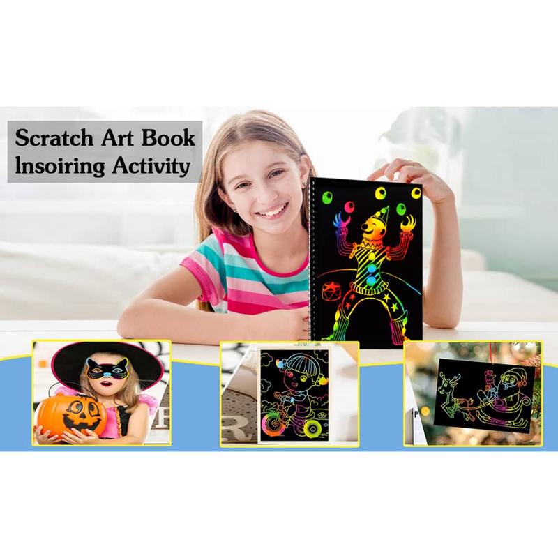 Scratch Paper Art Notebooks - Rainbow Scratch Off Art Kits for Kids Activity Color Book Pad Black Magic Art Craft Supplies Kits for Girls Boys Birthday Party Favor Game Christmas Toys Gift