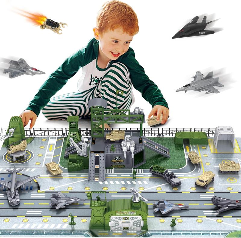 Army Toys, Military Airplane Tank Toy Sets with 13 Vehicles, Trucks, Helicopter, Fighter Jet, Play Mat with Army Men Action Figures and Accessories, Birthday Gift for Boys