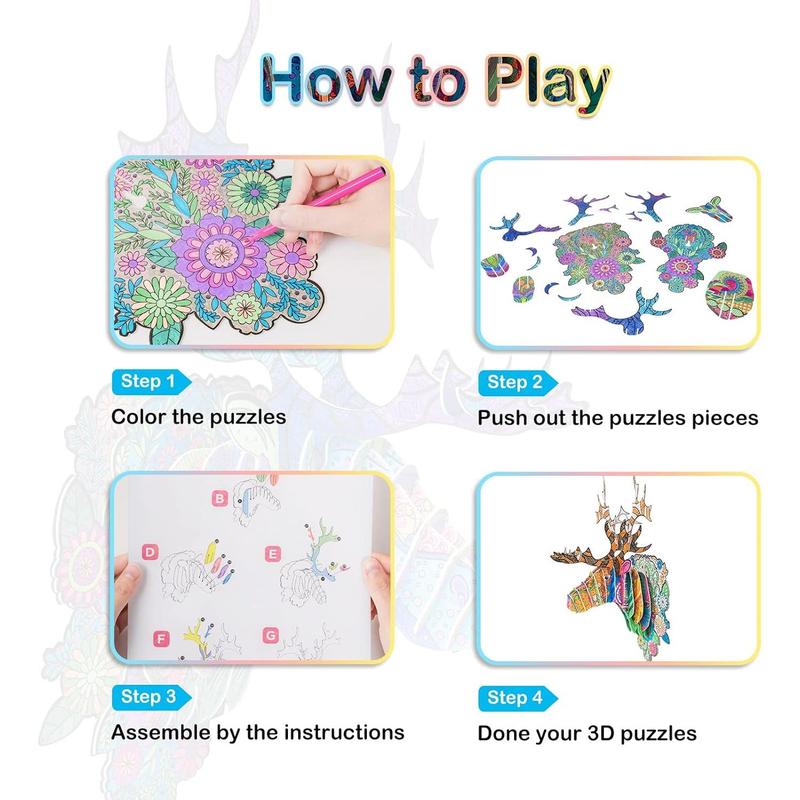 3D coloring puzzle, creative DIY painting puzzle set toy, with 10 colored pens, suitable for 3 4 5 6 7 8 9 10 11 12 year old children's fun craft gift Hornhorse