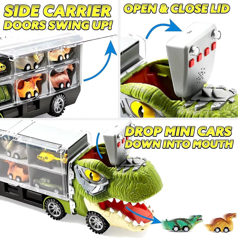 GROVIE 13 in-1 Dinosaur Truck Toys for Kids with 12 Mini Pull Cars - Dino Truck Playset for Fun and Learning Christmas Birthday Gift for 3+ Years