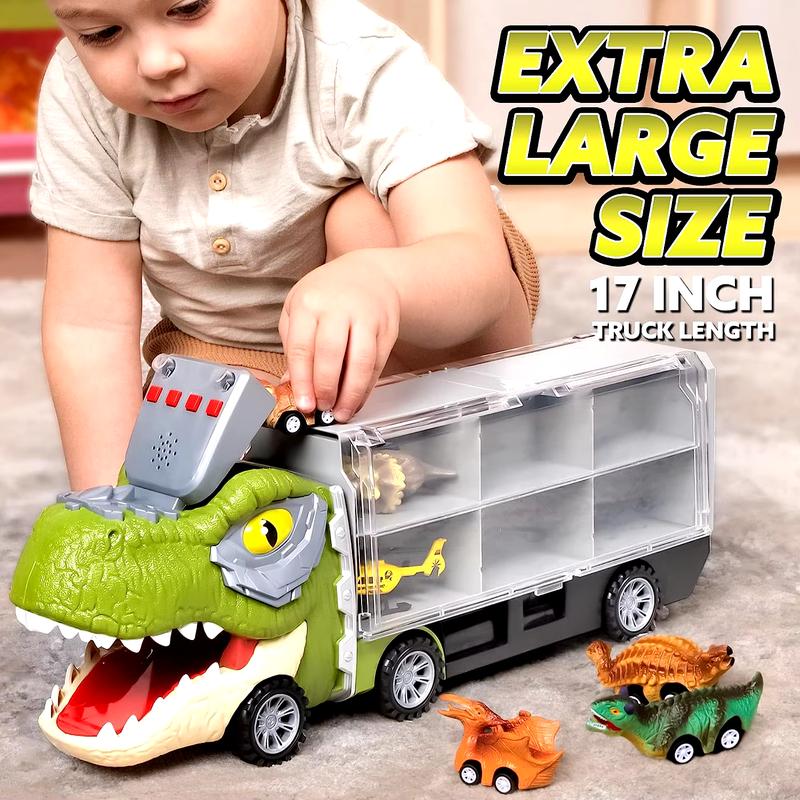 GROVIE 13 in-1 Dinosaur Truck Toys for Kids with 12 Mini Pull Cars - Dino Truck Playset for Fun and Learning Christmas Birthday Gift for 3+ Years