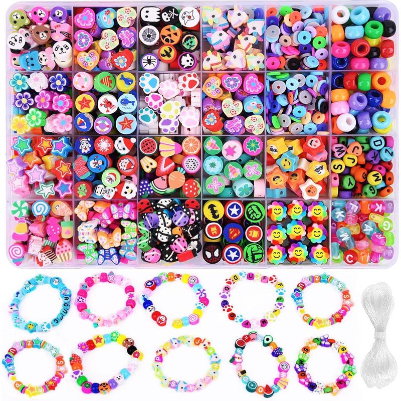 1000count Polymer Clay Beads Bracelet Making kit, 24 Style Cute Fun Beads Fruit Flower Animal Cake Butterfly Heart Beads Charms for Jewelry Necklace Earring Making DIY Accessories for Women Girls