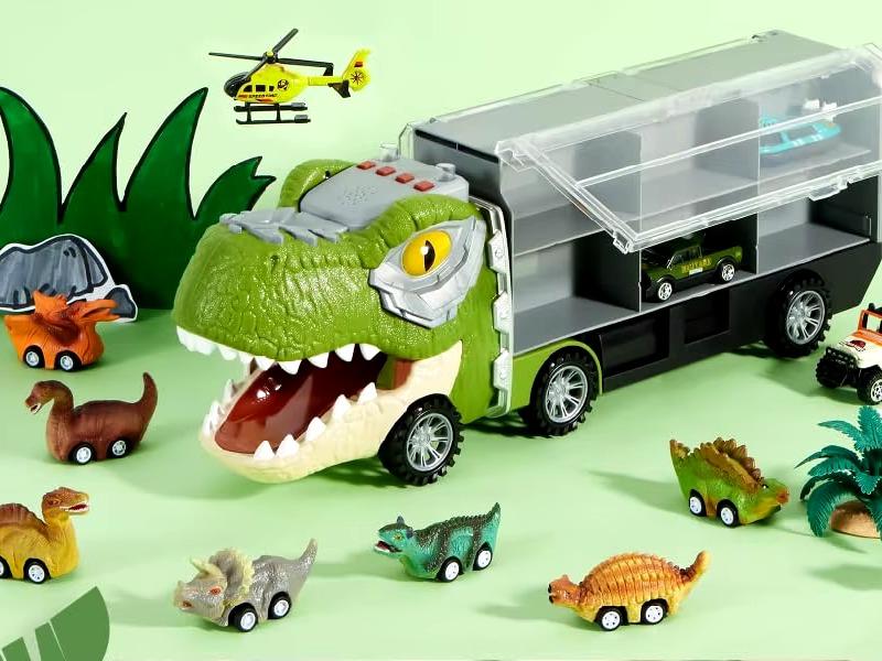 GROVIE 13 in-1 Dinosaur Truck Toys for Kids with 12 Mini Pull Cars - Dino Truck Playset for Fun and Learning Christmas Birthday Gift for 3+ Years