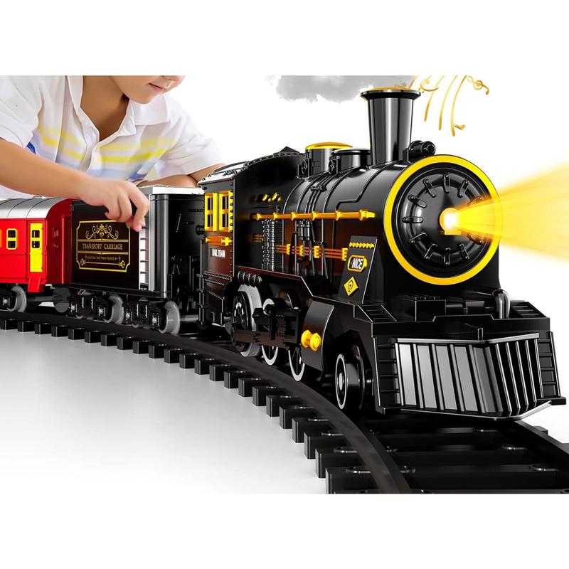 Christmas Train Electric Train Set with Retro Classic Locomotive Engine, Cargo Car and Long Track,Rechargeable Battery Operated Play Train Toys with Smoke, Light&Sounds