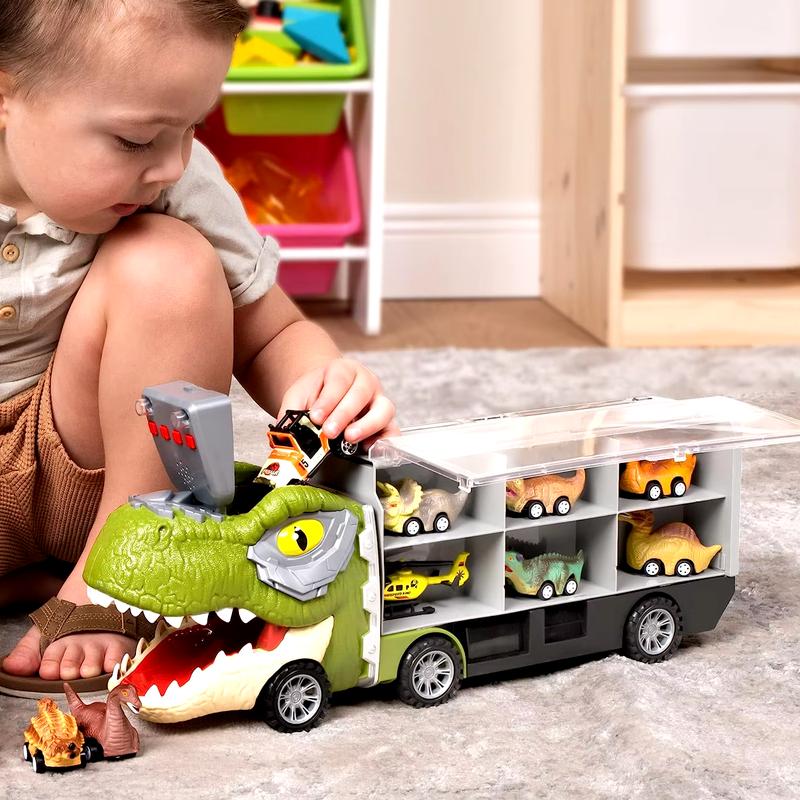 GROVIE 13 in-1 Dinosaur Truck Toys for Kids with 12 Mini Pull Cars - Dino Truck Playset for Fun and Learning Christmas Birthday Gift for 3+ Years