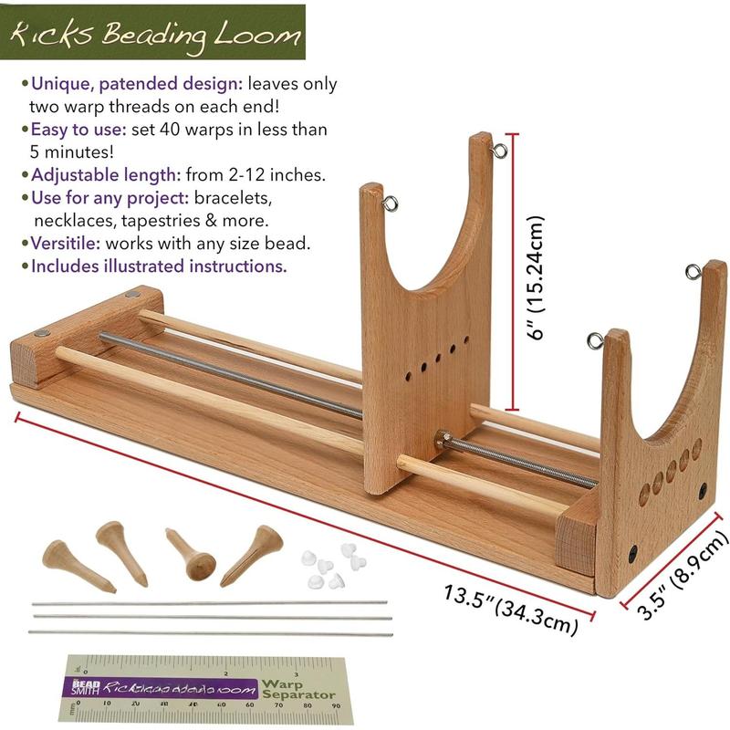 Rick's Beading Loom, 13.5 x 3.75 x 4.5 inches, Wooden, Two-Warp Loom, Illustrated Instructions Included, No Assembly Required, Use to Create Necklace and Bracelet Designs