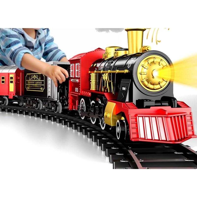 Christmas Train Electric Train Set with Retro Classic Locomotive Engine, Cargo Car and Long Track,Rechargeable Battery Operated Play Train Toys with Smoke, Light&Sounds