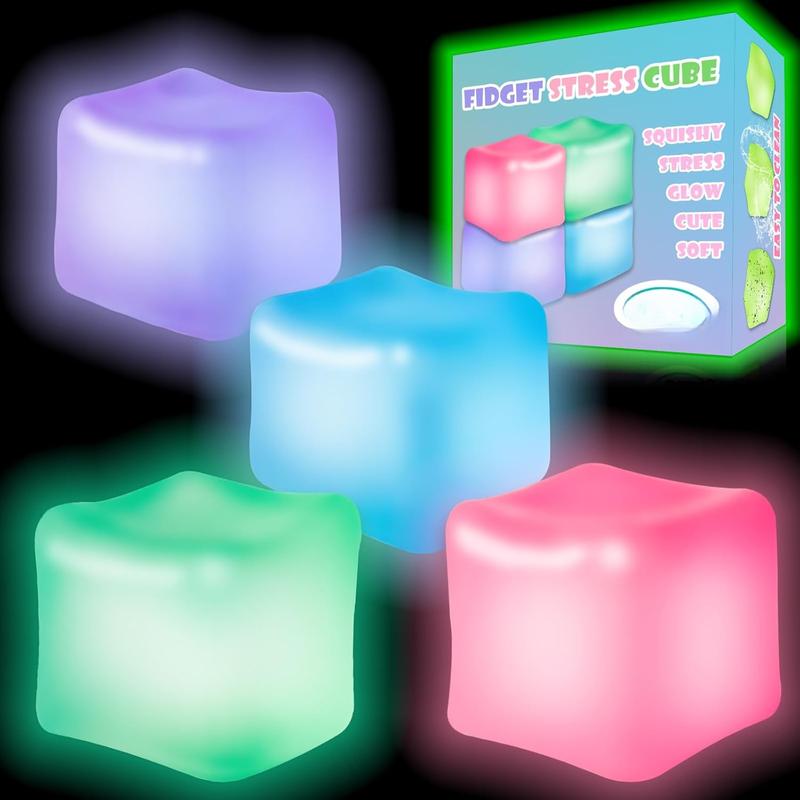 4 count Glow in The Dark Stress Cube Toys,Nice Slow Rise Stress Balls,Fidget Squishy Toys for Kids and Adults,Ice Cube Toys,Sensory Autism& ADHD Toys,Cute Stuff,Stocking Stuffers,Easter Basket Stuffers