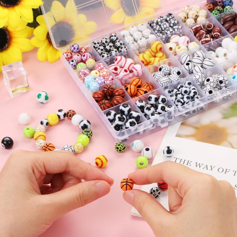 400 Pcs Sports Ball Beads for Jewelry Making, Acrylic Sports Beads Bulk, Baseball Basketball Soccer Volleyball Softball Football Beads with Box, Sports Spacer Beads for DIY Crafts Key Chains Bracelet