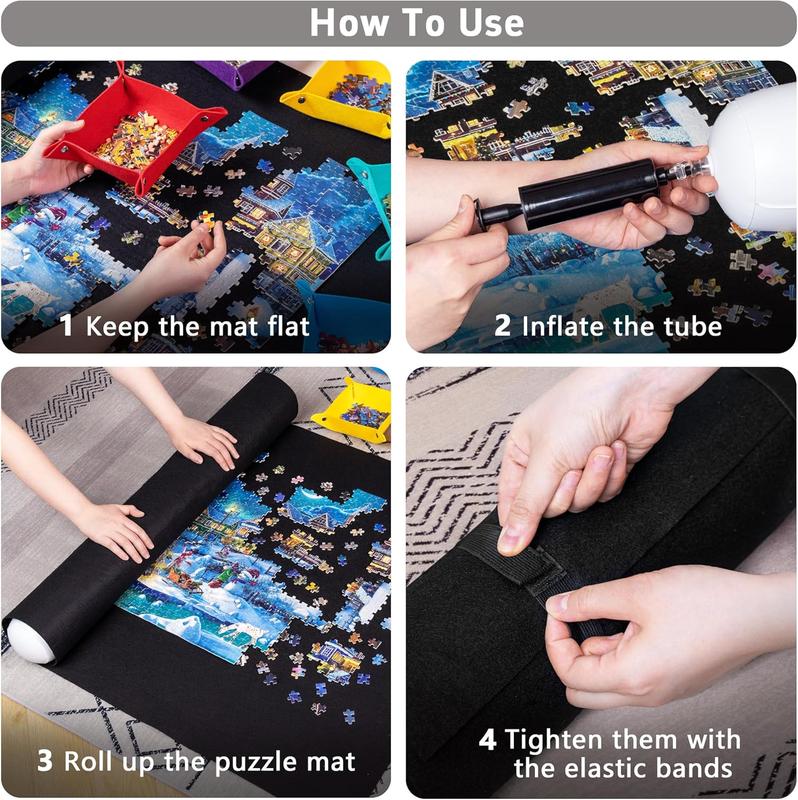 2000 count Puzzle Mat Roll Up with 6 Sorting Trays & Storage Bag & Black Pump, Jigsaw Felt Mat for Easy Transport & Storage, Portable Puzzle Saver for 2000 1500 1000 500 count Jigsaw Puzzles