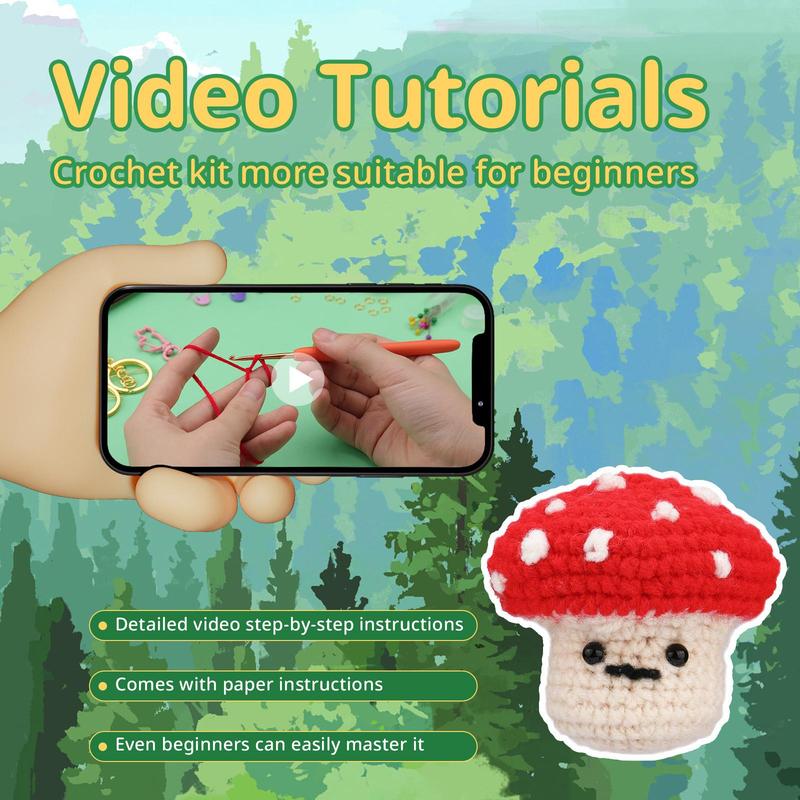 Mushroom Crochet Kit, 6 Counts set Cute Mushroom Crochet Starter Kit with Complete Accessories for Adults Beginners, DIY Knitting Supplies, Home Decoration