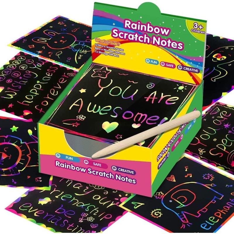 Rainbow Scratch Mini Art Notes - 125 Magic Scratch paper note cards,5 pens, suitable for children's toys Art crafts DIY party gift supplies, suitable for girls boys birthday Halloween Christmas stocking stuffing gift box