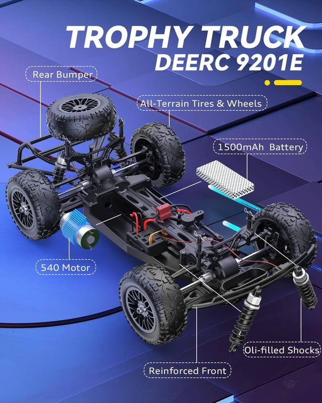 DEERC 9201E 1:10 Large Remote Control Truck with Lights, Fast Short Course RC Car, 48 km h 4x4 Off-Road Hobby Grade Toy Monster Crawler Electric Vehicle with 2 Rechargeable Batteries