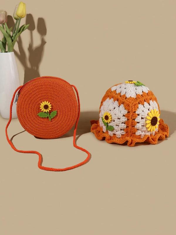 Flower Decor Crochet Hat & Bag Set, 2024 New Style Casual Handmade Knitting Hat & Bag Set, Fashion Accessories for Women & Girls Dainty Gift for Your Love