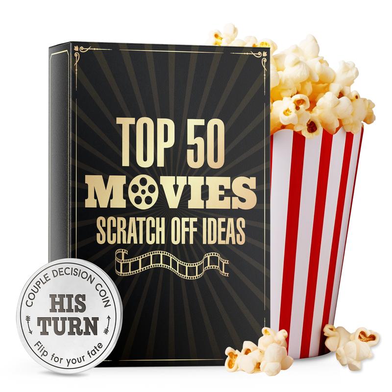 LOVEVIBE: Movie Night Ideas - 50 Movie Night Scratch Off Cards with Decision Coin - Couples Gift Ideas