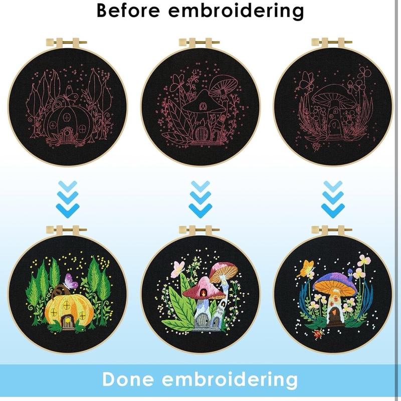 5 Sets Embroidery Kit for Beginners, Art Craft Handy Sewing Set Mushroom Cross Stitch Starter Kits, DIY Embroidery Kits with Patterns and Instructions Hoops Needles Threads