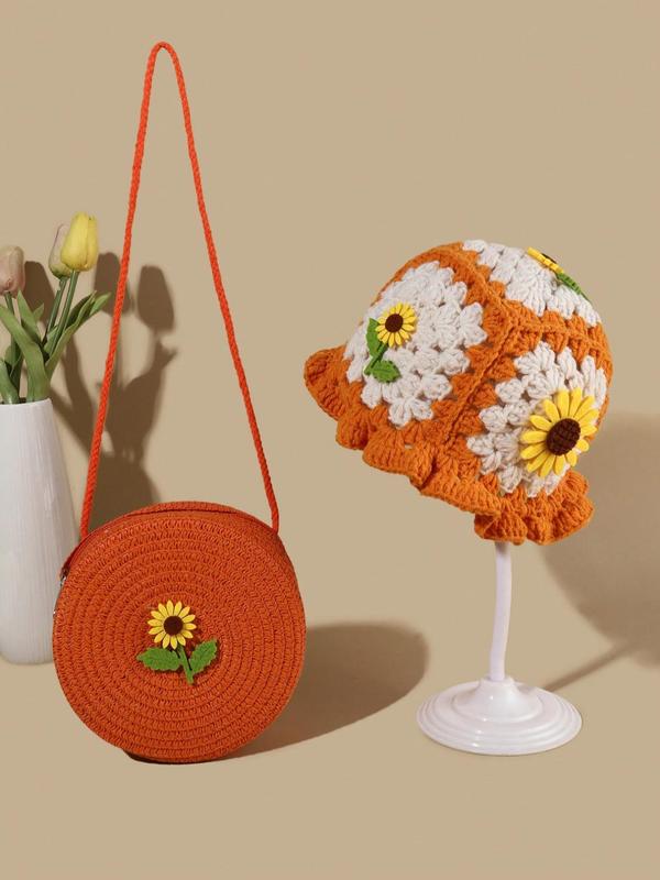 Flower Decor Crochet Hat & Bag Set, 2024 New Style Casual Handmade Knitting Hat & Bag Set, Fashion Accessories for Women & Girls Dainty Gift for Your Love