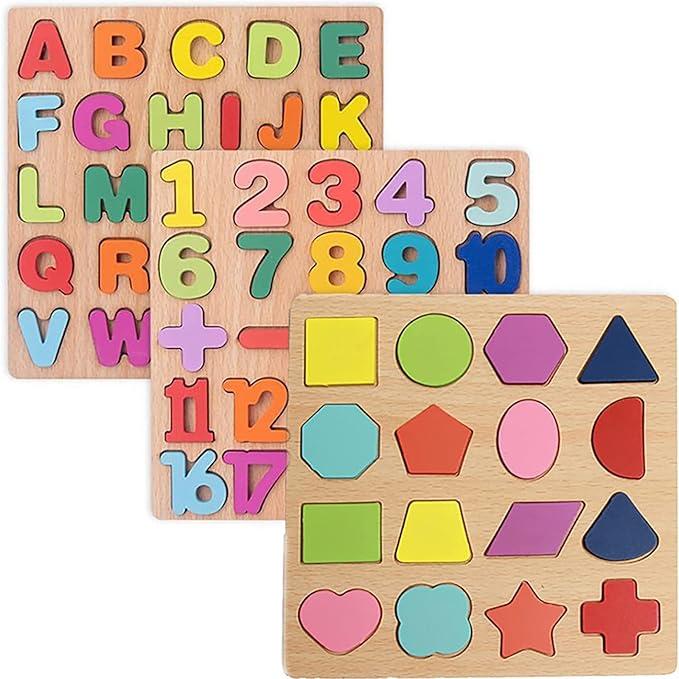 Wooden Jigsaw Puzzles for Kids, 3-Pack Kids Letter Shape Puzzles 3-Piece Wooden Kids Puzzles Wooden Letter Number Shape Puzzles Puzzle Toys for Boys and Girls