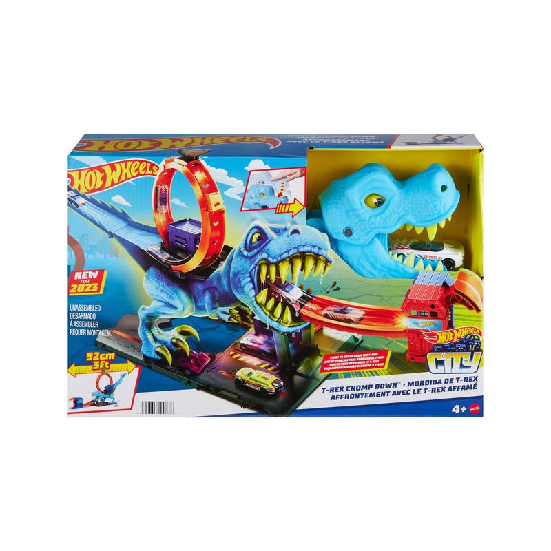 Toy Car Track Set, T-Rex Chomp Down with 1:64 Scale Vehicle, Knock Out The Giant Dinosaur with Stunts, Connects to Other Sets