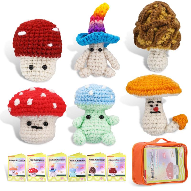 Mushroom Crochet Kit, 6 Counts set Cute Mushroom Crochet Starter Kit with Complete Accessories for Adults Beginners, DIY Knitting Supplies, Home Decoration