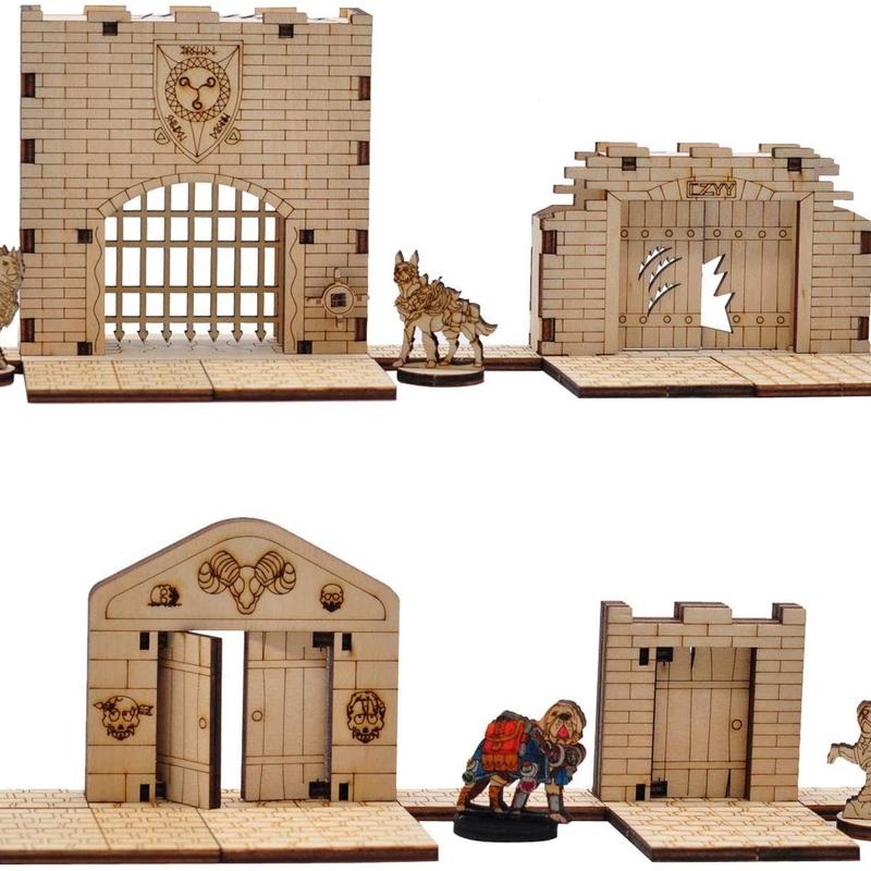 Dungeon Door & Portcullis Gate Miniatures (Set of 4) Wooden Laser Cut Open and Closed Fantasy Terrain 28mm Scale for Dungeons & Dragons, Pathfinder, D&D and Other Tabletop RPG