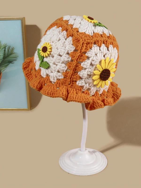 Flower Decor Crochet Hat & Bag Set, 2024 New Style Casual Handmade Knitting Hat & Bag Set, Fashion Accessories for Women & Girls Dainty Gift for Your Love