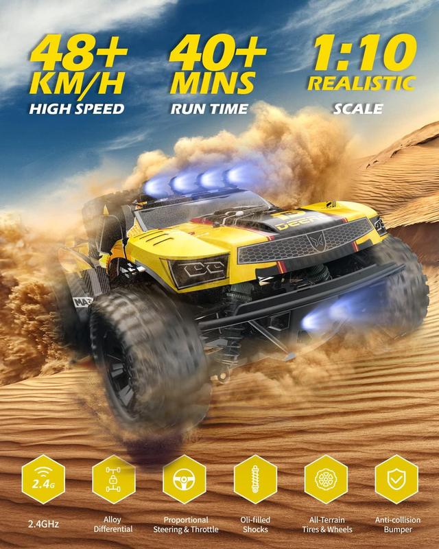 DEERC 9201E 1:10 Large Remote Control Truck with Lights, Fast Short Course RC Car, 48 km h 4x4 Off-Road Hobby Grade Toy Monster Crawler Electric Vehicle with 2 Rechargeable Batteries