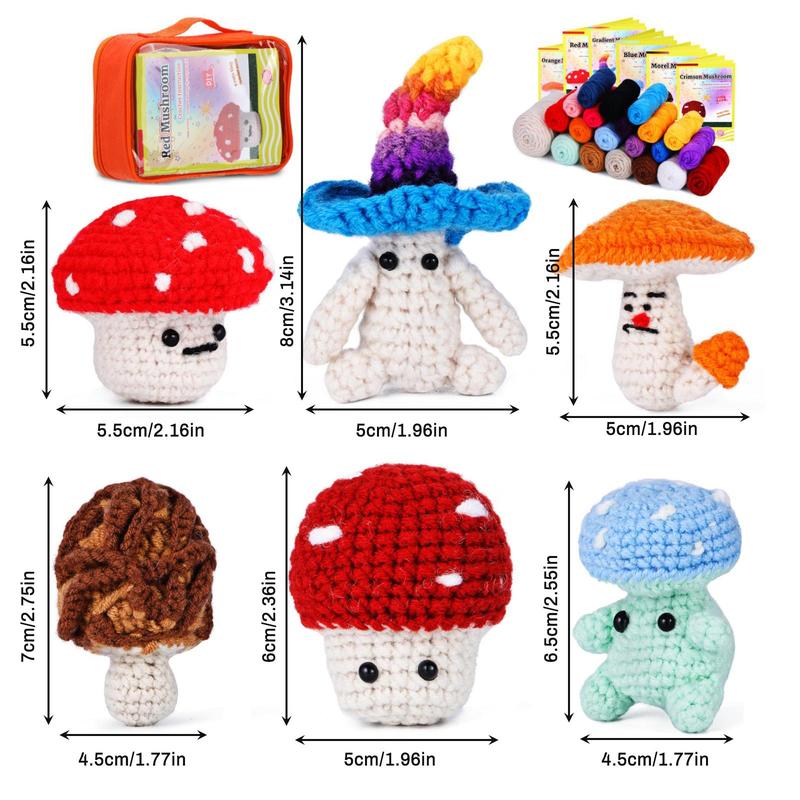 Mushroom Crochet Kit, 6 Counts set Cute Mushroom Crochet Starter Kit with Complete Accessories for Adults Beginners, DIY Knitting Supplies, Home Decoration