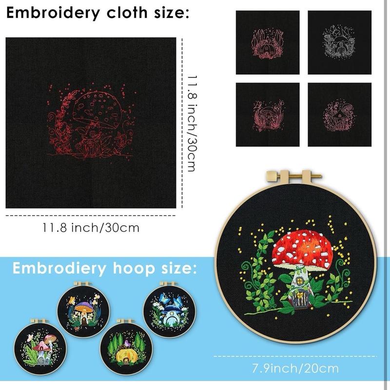 5 Sets Embroidery Kit for Beginners, Art Craft Handy Sewing Set Mushroom Cross Stitch Starter Kits, DIY Embroidery Kits with Patterns and Instructions Hoops Needles Threads