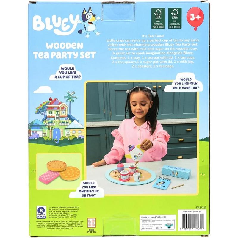 Bluey – Tea Party Set – Wooden 18-Piece Pretend Play Set with Tray, Teapot, Tea Cups, Biscuits, and Notepad for Children 3 Years and up – Imaginative Fun and Role-Playing, FSC Certified