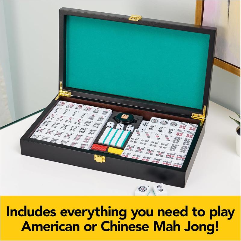 Mah Jong Classic Game with Two-Toned Tiles and Lined Wood Storage Case, Family Game for 4 Players Ages