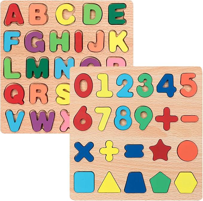 Wooden Jigsaw Puzzles for Kids, 3-Pack Kids Letter Shape Puzzles 3-Piece Wooden Kids Puzzles Wooden Letter Number Shape Puzzles Puzzle Toys for Boys and Girls