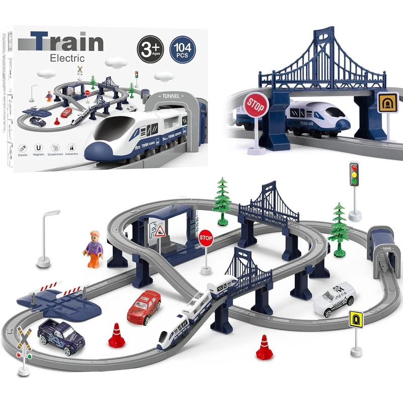 Train Sets for Boys 4-7, 66 Pcs Battery Operated Train Set with Tracks(Magnetic Connection), Compatible with Thomas, Brio, Chuggington, Gifts for 3 4 5 6 Years Old (City)