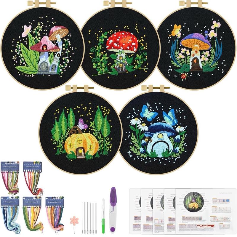 5 Sets Embroidery Kit for Beginners, Art Craft Handy Sewing Set Mushroom Cross Stitch Starter Kits, DIY Embroidery Kits with Patterns and Instructions Hoops Needles Threads