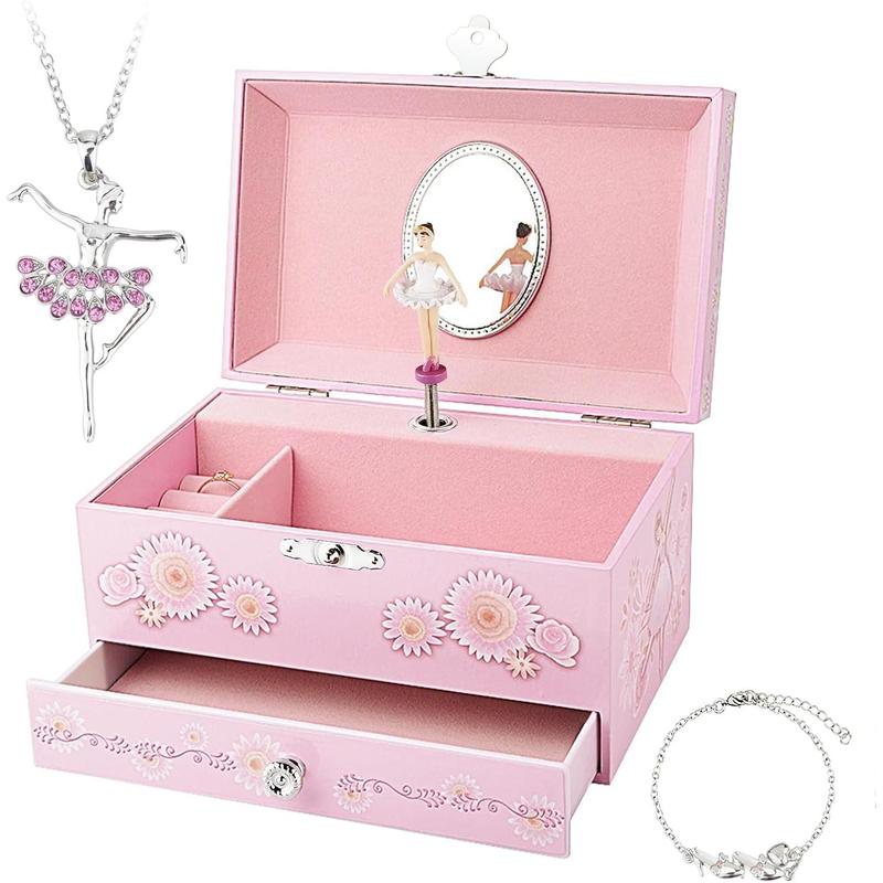 Kids Musical Jewelry Box for Girls with Drawer and Jewelry Set with Ballerina Theme - Swan Lake Tune Pink