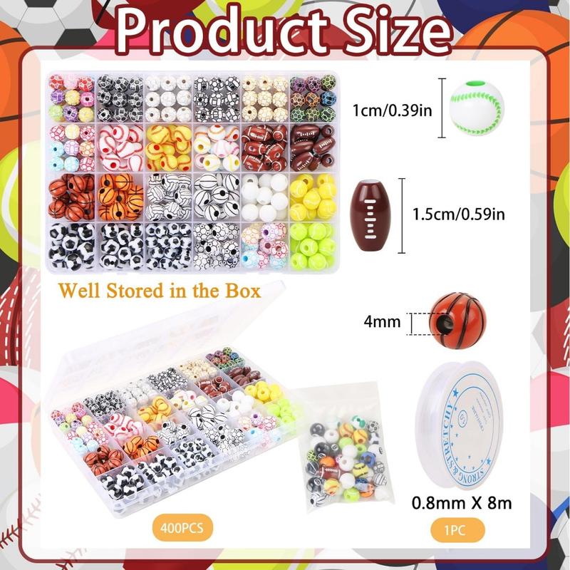 400 Pcs Sports Ball Beads for Jewelry Making, Acrylic Sports Beads Bulk, Baseball Basketball Soccer Volleyball Softball Football Beads with Box, Sports Spacer Beads for DIY Crafts Key Chains Bracelet