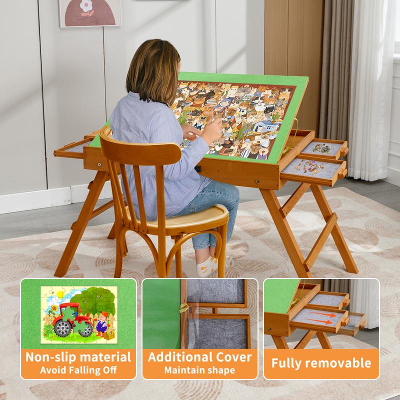 Large Capacity Adjustable Puzzle Table with Drawers – Foldable 1500-Piece Puzzle Board with Non-Slip Felt & PVC Cover, Adjustable Heights, No Assembly Required