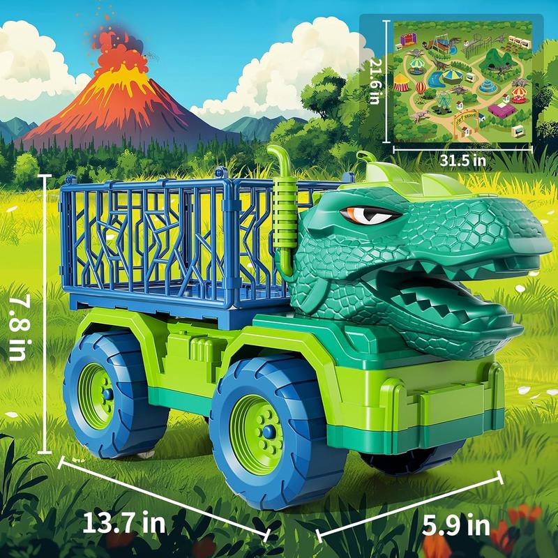 Dinosaur Truck Toys for Kids 3-5 Years, Tyrannosaurus Transport Car Carrier Truck with 8 Dino Figures, Activity Play Mat, Dinosaur Eggs, Trees, Capture Jurassic Play Set for Boys and Girls