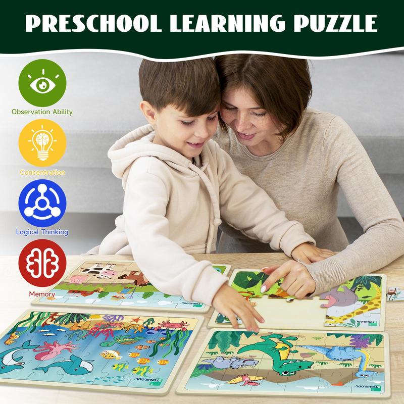 Wooden Jigsaw Puzzle, 4 Counts set Cartoon Animal & Dinosaur & Ocean Pattern Puzzle Toy, Educational Jigsaw Toy for Kids