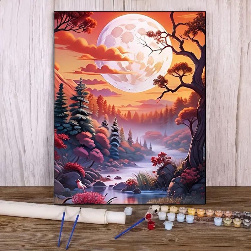 Moon & Forest Pattern DIY Oil Painting Kit without Frame, Aesthetic DIY Acrylic Painting Kit, DIY Decor Painting for Beginner