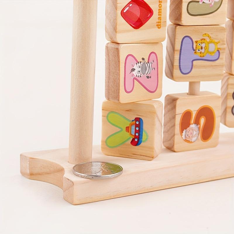 Wooden Flip Frame - Educational Toy with 26 English Letters, Animals & Fruit Cognitive Learning Blocks for Activities