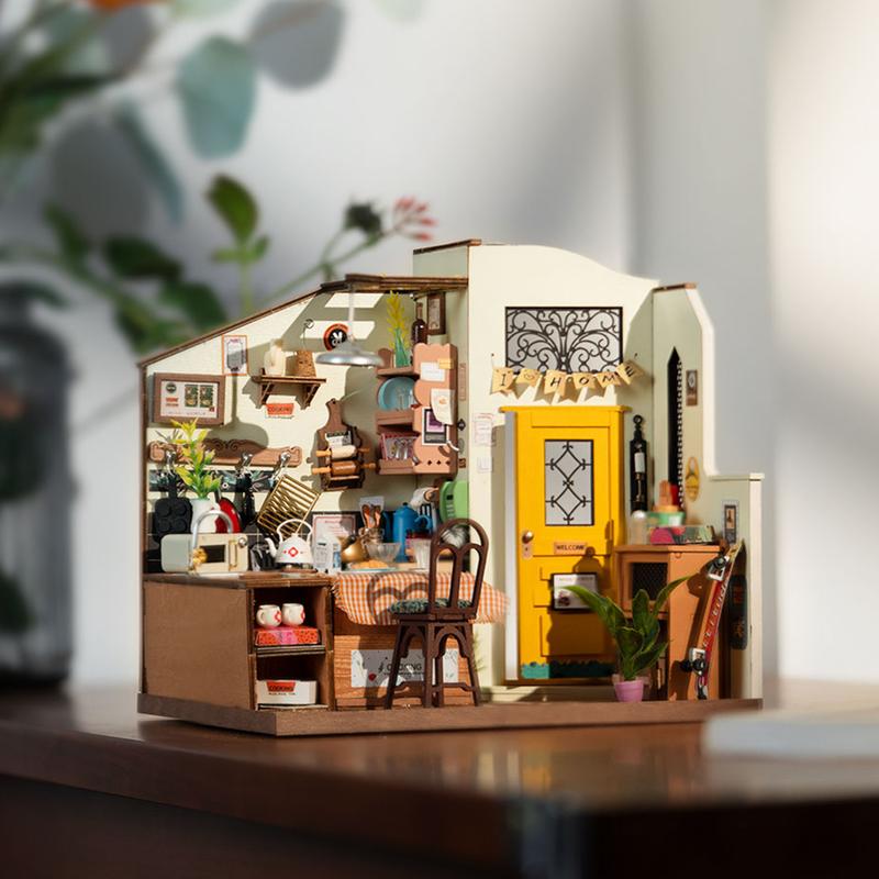 Rolife DIY Miniature Cozy Kitchen House Kit for Adults to Build, Tiny House Making Kit with Furnitures, Halloween Christmas Decorations light effect handmade diy 3d  wooden